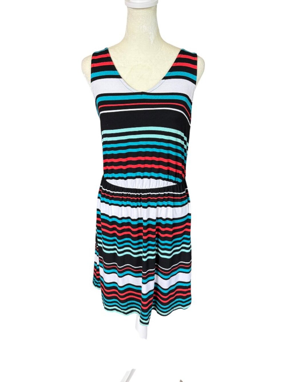 Merona sleeveless striped casual v-neck dress multicolored knee length size S